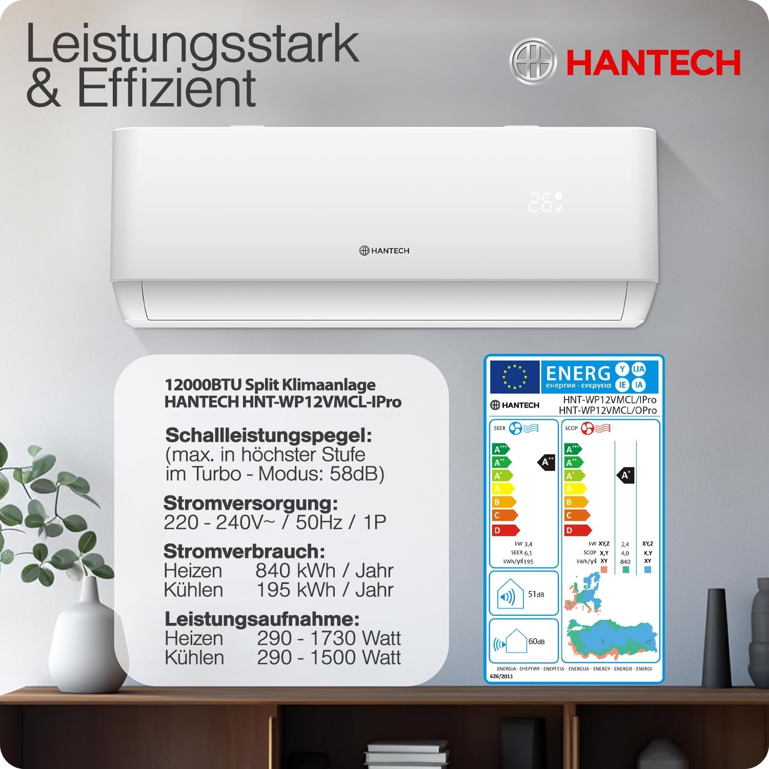 HANTECH H-PRO Split-Klimaanlage 12.000 BTU – Inverter, EEK A++, Heizen & Kühlen, WiFi, Alexa, Weiß