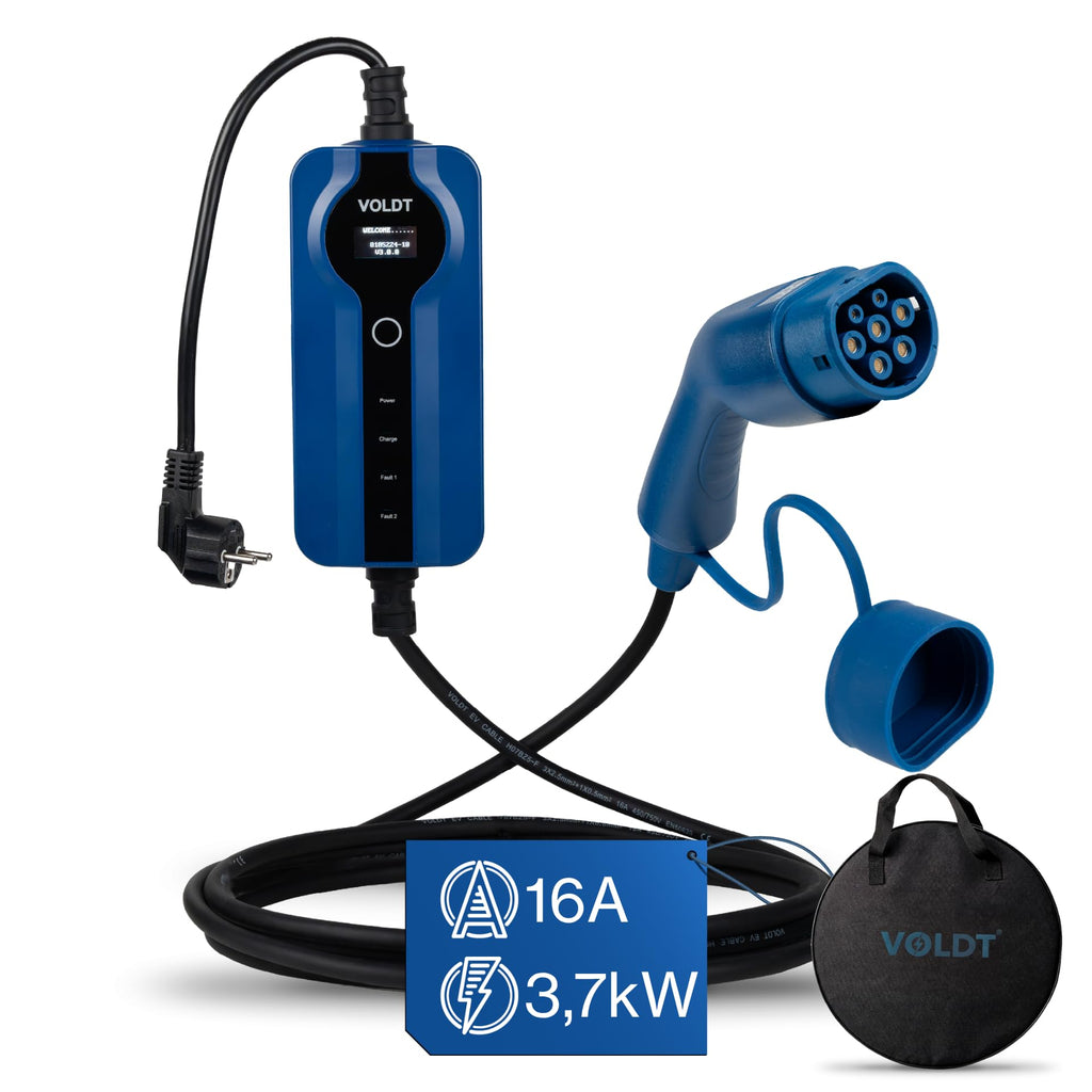 Voldt EVMCS131 Typ-2 Mobiles Ladekabel 3,7kW – 8-16A, IP67, CE, TÜV, Timer, IEC 62196, Blau