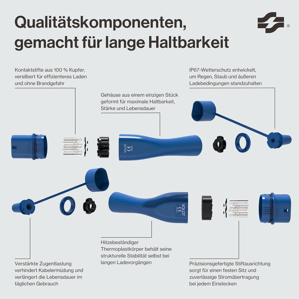 Voldt EVMCS131 Typ-2 Mobiles Ladekabel 3,7kW – 8-16A, IP67, CE, TÜV, Timer, IEC 62196, Blau