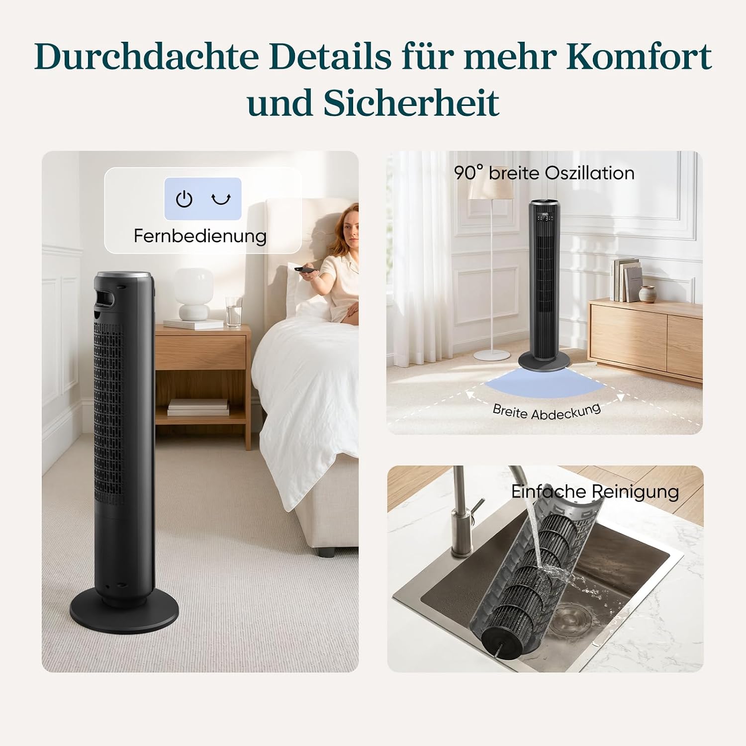 Levoit - DC Motor Turmventilator - 20dB sehr leiser Ventilator - 4 Modi/12 Stufen/12 Std Timer - Fernbedienung & Kühlung - Tower Fan mit 7,9m/s Geschwindigkeit - 24W Standventilator - Grau, 92 cm