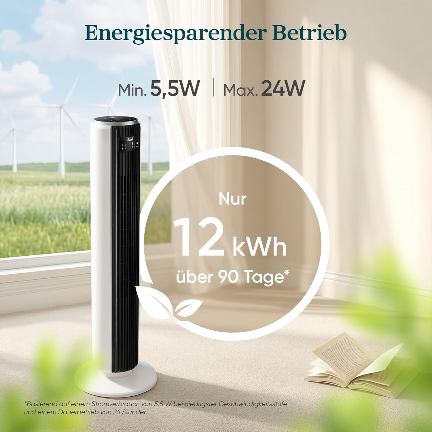 Levoit LTF-F362-WEU Classic Turmventilator 92cm – 20dB, 7,9m/s, 12 Stufen, Speicher, LED, 24W, Leinenweiß