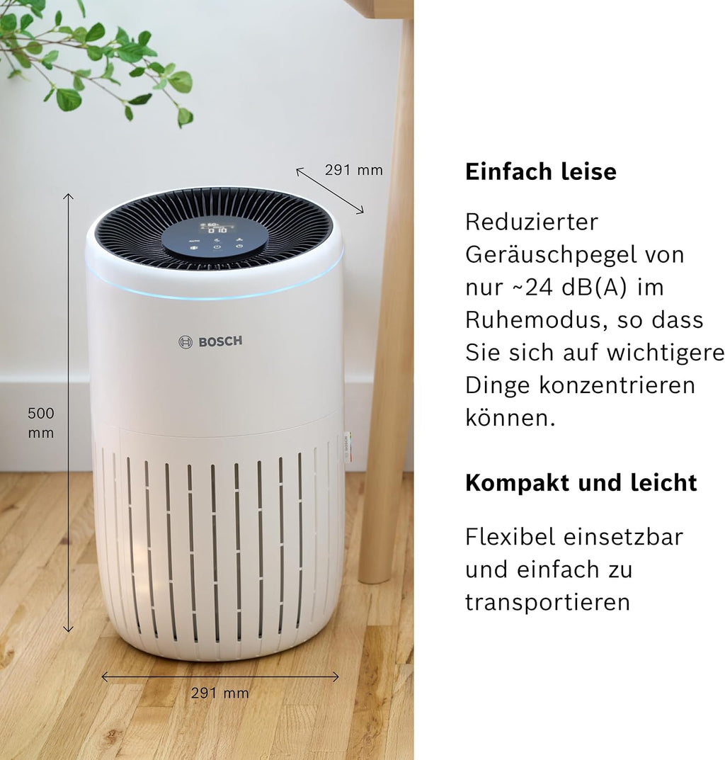 Bosch Air 4000i Luftreiniger 62,5m² – 3-in-1 HEPA+Aktivkohle, CADR 300m³/h, 25dB, App, Smart Home, Weiß