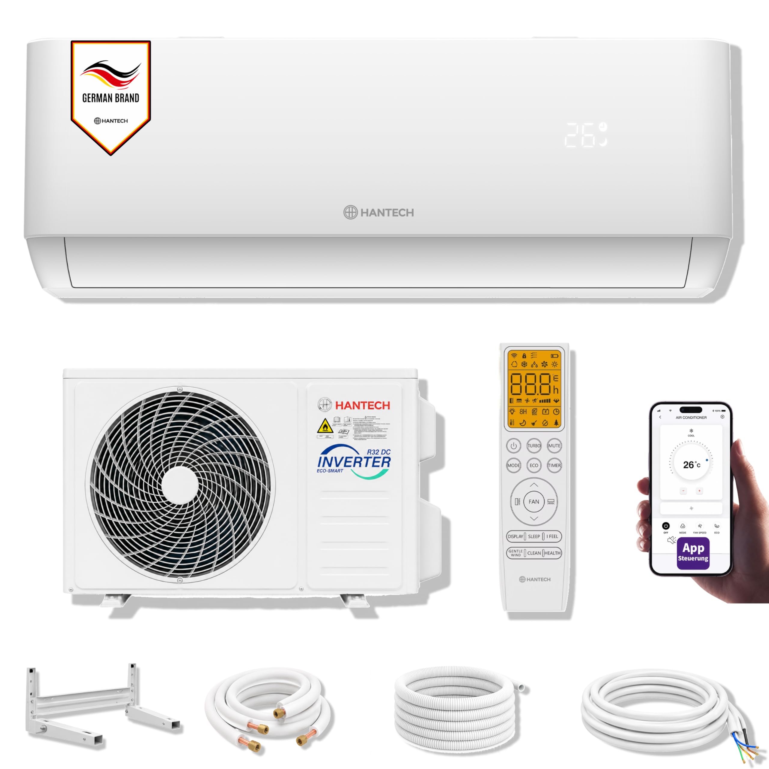 HANTECH H-PRO Split-Klimaanlage 12.000 BTU – Inverter, EEK A++, Heizen & Kühlen, WiFi, Alexa, Weiß