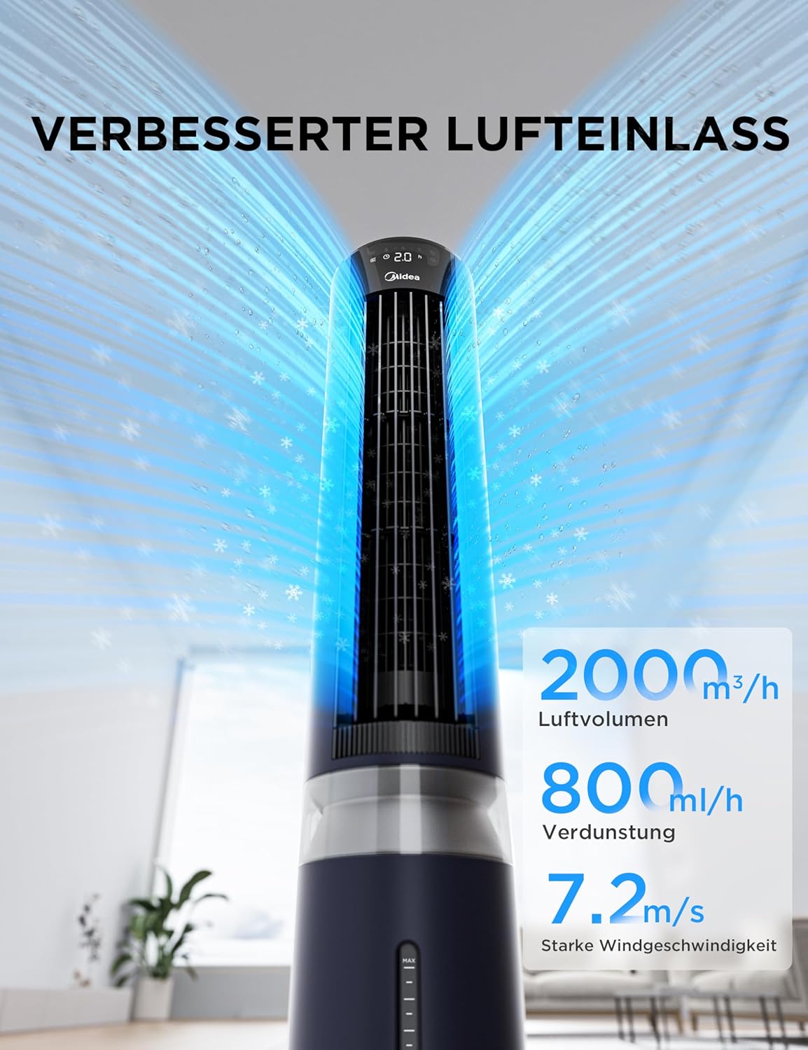 Midea MCF23XRB Luftkühler 7L – SensiCool, 2000 m³/h, 5 Modi, 6 Stufen, 28dB, Fernbedienung, Blau