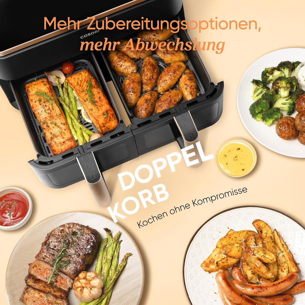 Cosori CAF-R903 Dual Zone Heißluftfritteuse 8,5L – Sichtfenster, Sync & Match, 1750W, Gold