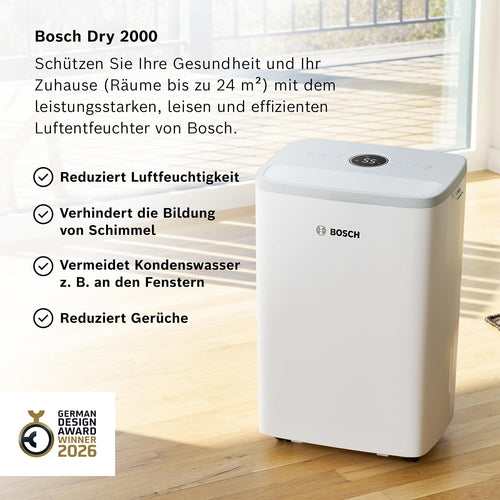 Bosch Dry 2000 Luftentfeuchter 12L/Tag – 35dB, 2,5L Tank, Auto/Nacht/Wäsche, 24m², Weiß/Grau