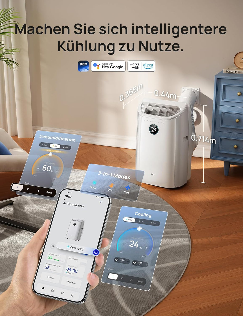 DREO DR-HAC006S Mobiles Klimagerät 12.000 BTU – 3-in-1, R290, EEK A, WiFi, Alexa, 45dB, Weiß